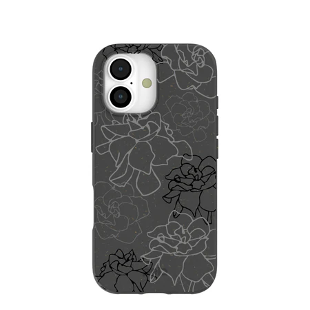Coque iPhone 14 Pro noir fleuri avec lanière