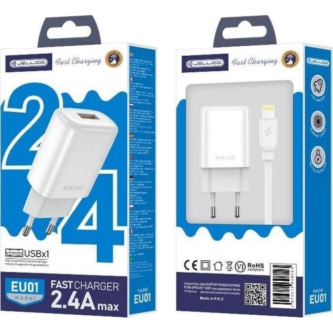 Adaptateur secteur Usb avec cable Usb vers Lightning (2.4 A) JELLICO blanc