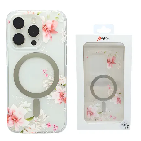 Coque de Protection Transparente Givré Avec Magsafe Flower pour iPhone 13- Fleur Rose (Mayline)