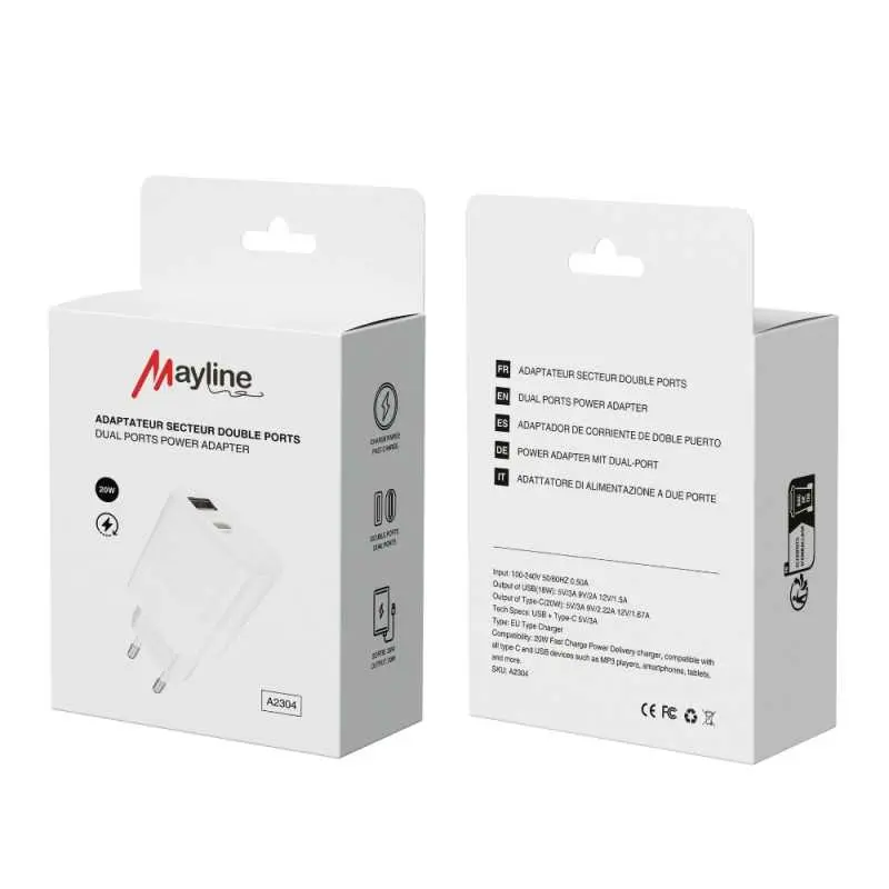 Adaptateur Secteur double ports 20W – USB QC 3.0 & Type-C PD 20W – Fast Charger (Mayline)