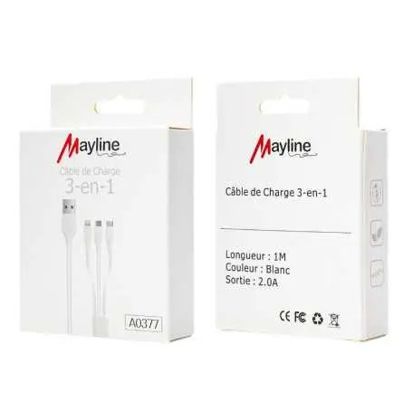 Câble 3 en 1 - USB vers Lightning/Type-C/Micro 20W - 1M (Mayline)