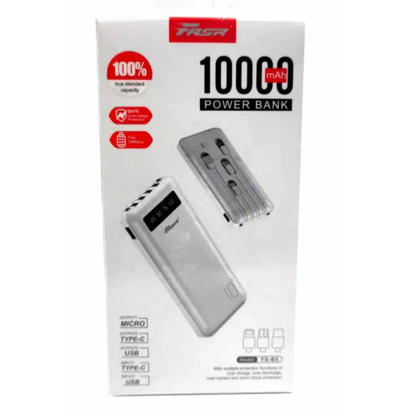 Power Bank 10000 mAh avec 4 Câbles intégrés Micro, Type-C, Lightning et USB 